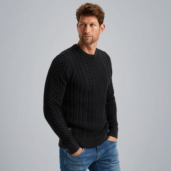 PME LEGEND Rundhals Strickpullover Dunkelgrau – 100% Baumwolle, Kabelmuster