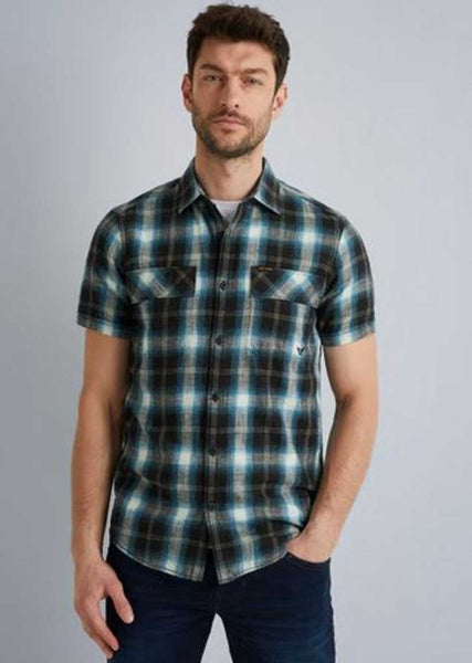 PME Legend Flanell Kurzarm Karohemd in dark navy