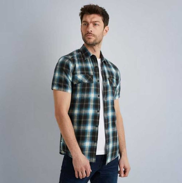 PME Legend Flanell Kurzarm Karohemd in dark navy