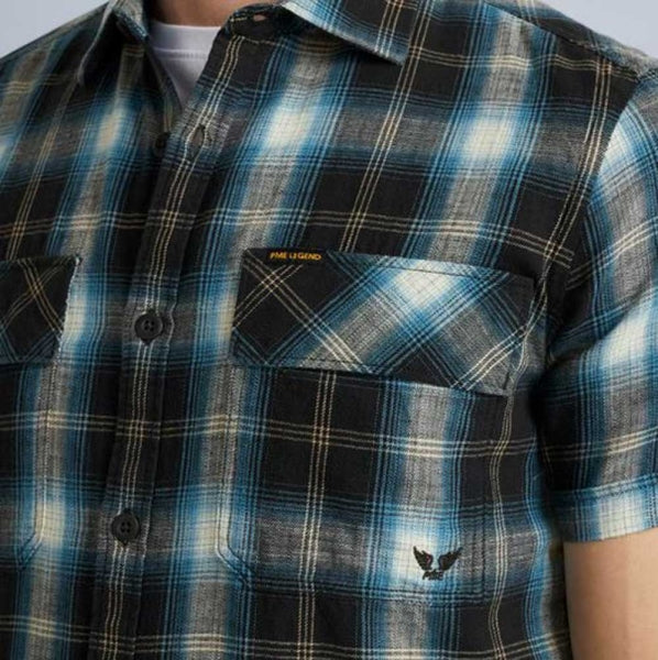PME Legend Flanell Kurzarm Karohemd in dark navy