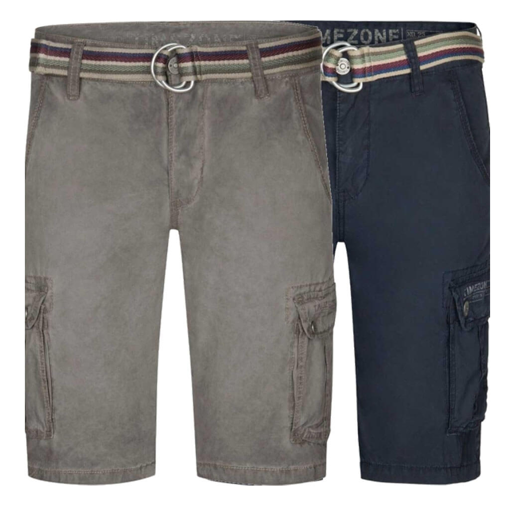 Timezone Cargo Short mit Stoffgürtel – Loose Fit in Washed Dark Navy & Washed Sand
