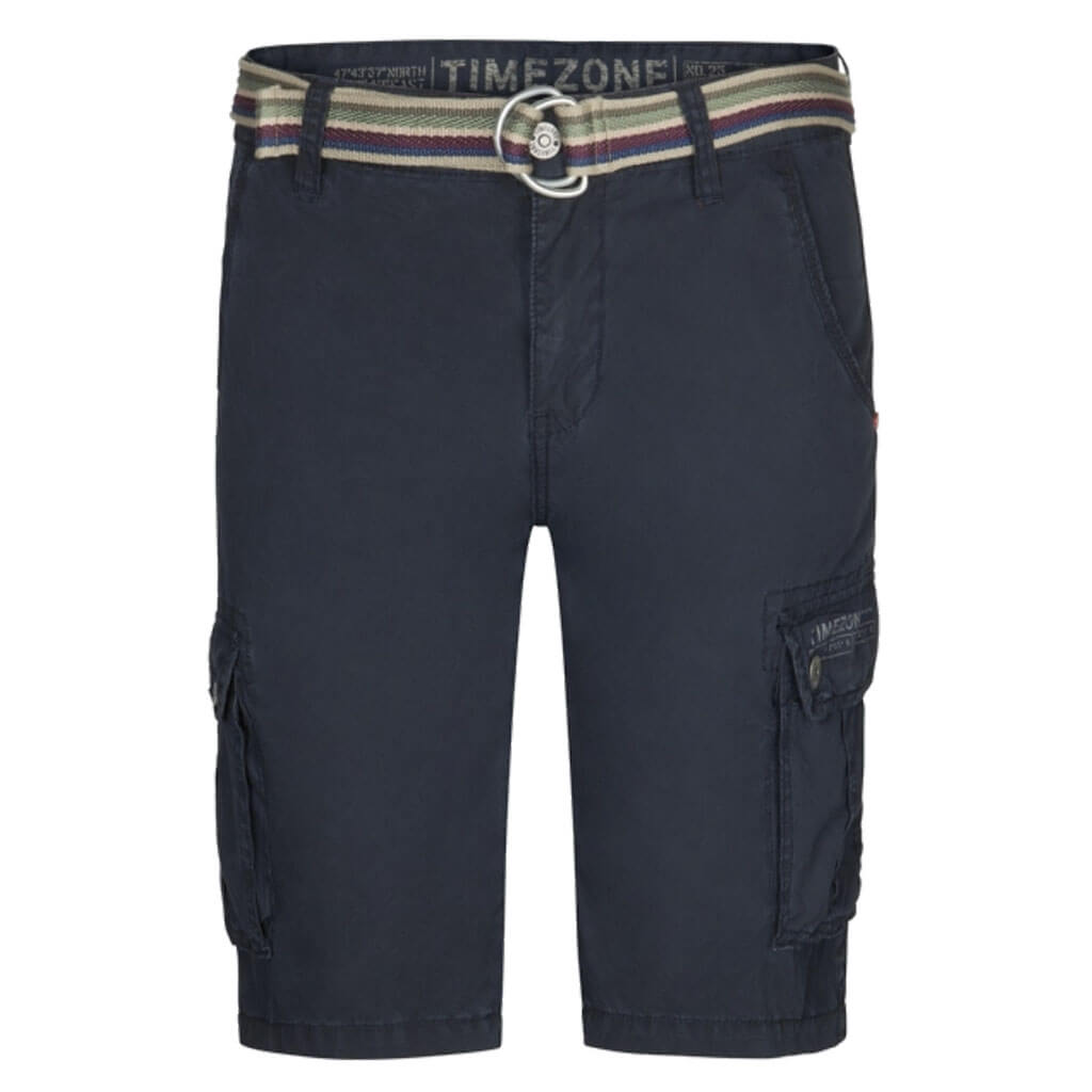 Timezone Cargo Short mit Stoffgürtel – Loose Fit in Washed Dark Navy & Washed Sand