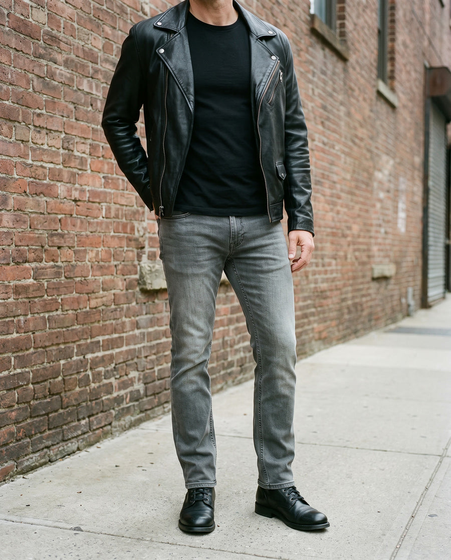 Oklahoma Jeans R140 Dark Grey mit schwarzer Lederjacke vor einer Backsteinwand