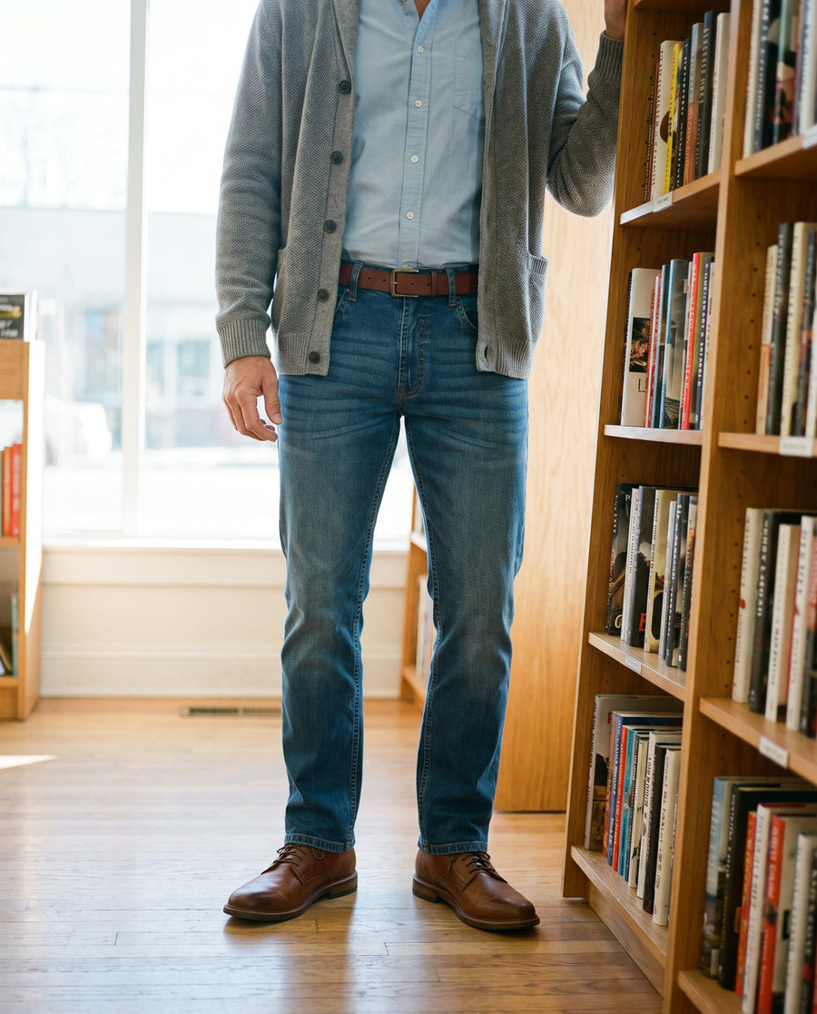 Oklahoma Jeans R140 Medium Blue mit hellblauem Hemd, grauer Strickjacke und braunen Lederschuhen im Buchladen
