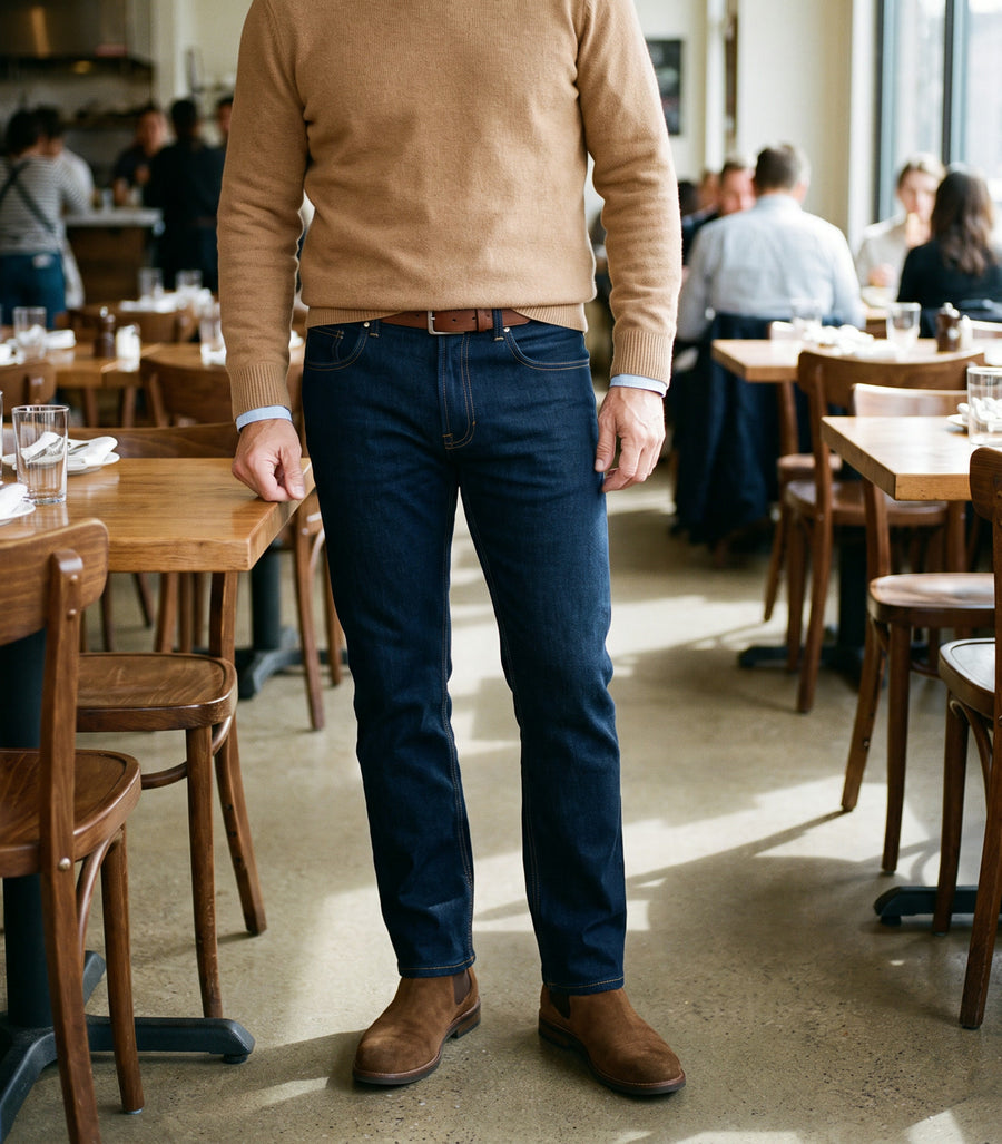 Oklahoma Jeans R140 Rinsed mit camelfarbenem Pullover im Restaurant