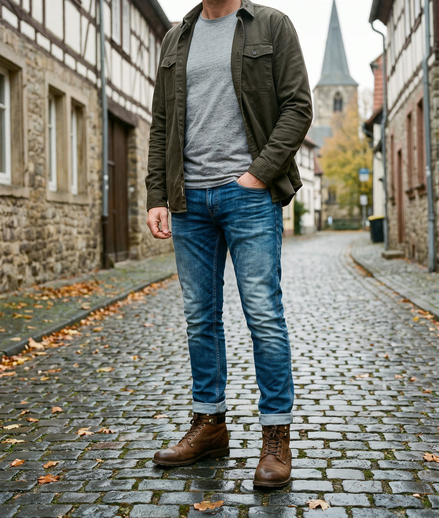 PME Legend Nightflight FBS Jeans mit Hemdjacke und braunen Boots in der Altstadt