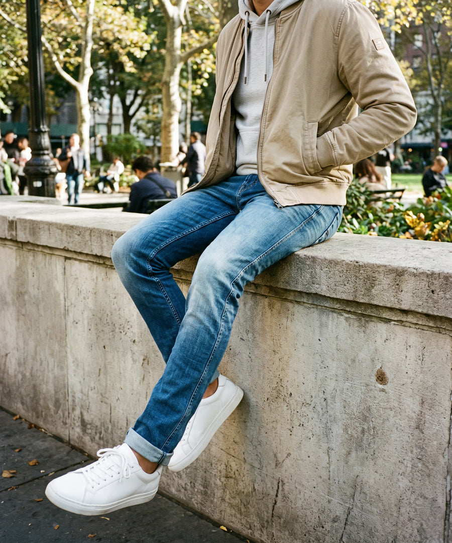 PME Legend Nightflight FBS Jeans in der Freizeit mit Hoodie, Blouson und weißen Sneakern