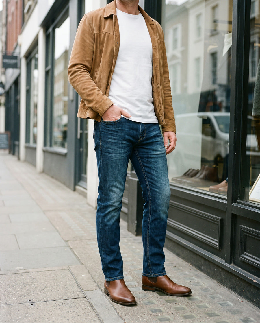 Timezone EDO Zip Raywash mit hellbrauner Wildlederjacke in der Stadt